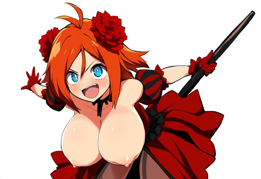 ai_generated blue_eyes breasts breasts_out dress epic_battle_fantasy female huge_breasts mullon natalie_(ebf) nipples novelai orange_hair simple_background solo