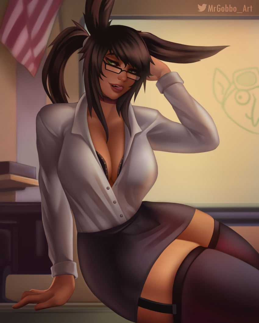 1girls 2022 :q black_hair bunny_ears bunny_girl clothing female female_only final_fantasy final_fantasy_xiv glasses green_eyes inner_sideboob long_hair looking_at_viewer mrgobbo open_shirt ponytail smiling smiling_at_viewer solo stockings teacher teacher_outfit thick_thighs very_high_resolution viera voluptuous xelia_xenaz