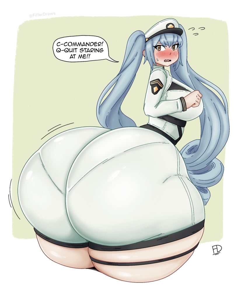 1girls ass ass_bigger_than_head ass_bigger_than_torso big_ass blue_hair blush breasts bubble_butt dat_ass dialogue embarrassed fat_ass female female_only fiffer gigantic_ass goddess_of_victory:_nikke hat huge_ass hyper hyper_ass large_ass looking_at_viewer looking_back massive_ass pantylines png privaty_(nikke) talking_to_viewer text thick_ass thick_thighs thunder_thighs uniform wide_hips