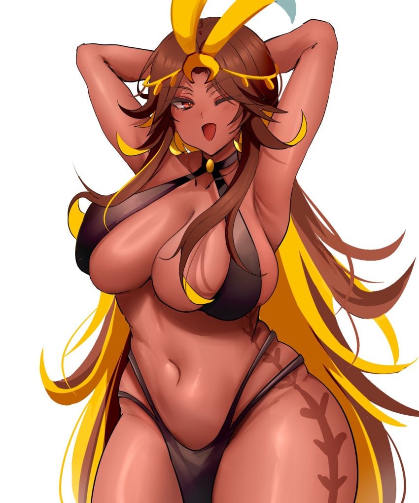 :d armpits arms_behind_head arms_up big_breasts black_panties brown_hair centipede_cookie cookie_run cookie_run_ovenbreak jewelry long_hair markings one_eye_closed open_mouth red_eyes tan_body tan_skin tattoo thick_thighs voluptuous