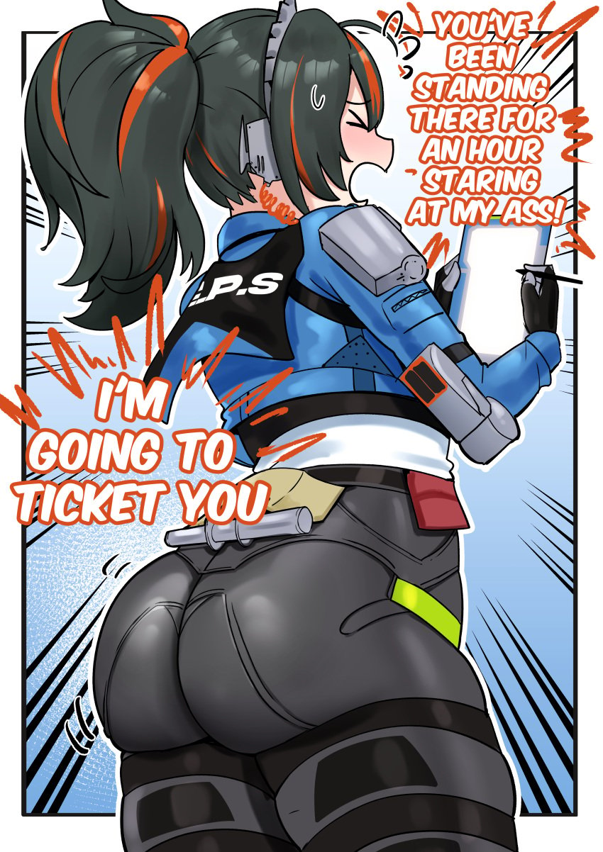 1girls ass ass_focus blush bubble_ass bubble_butt closed_eyes dat_ass embarrassed english_text female female_only from_behind handlebar handles pants police police_uniform policewoman ponytail staring_at_ass yuzun404 zenless_zone_zero zhu_yuan