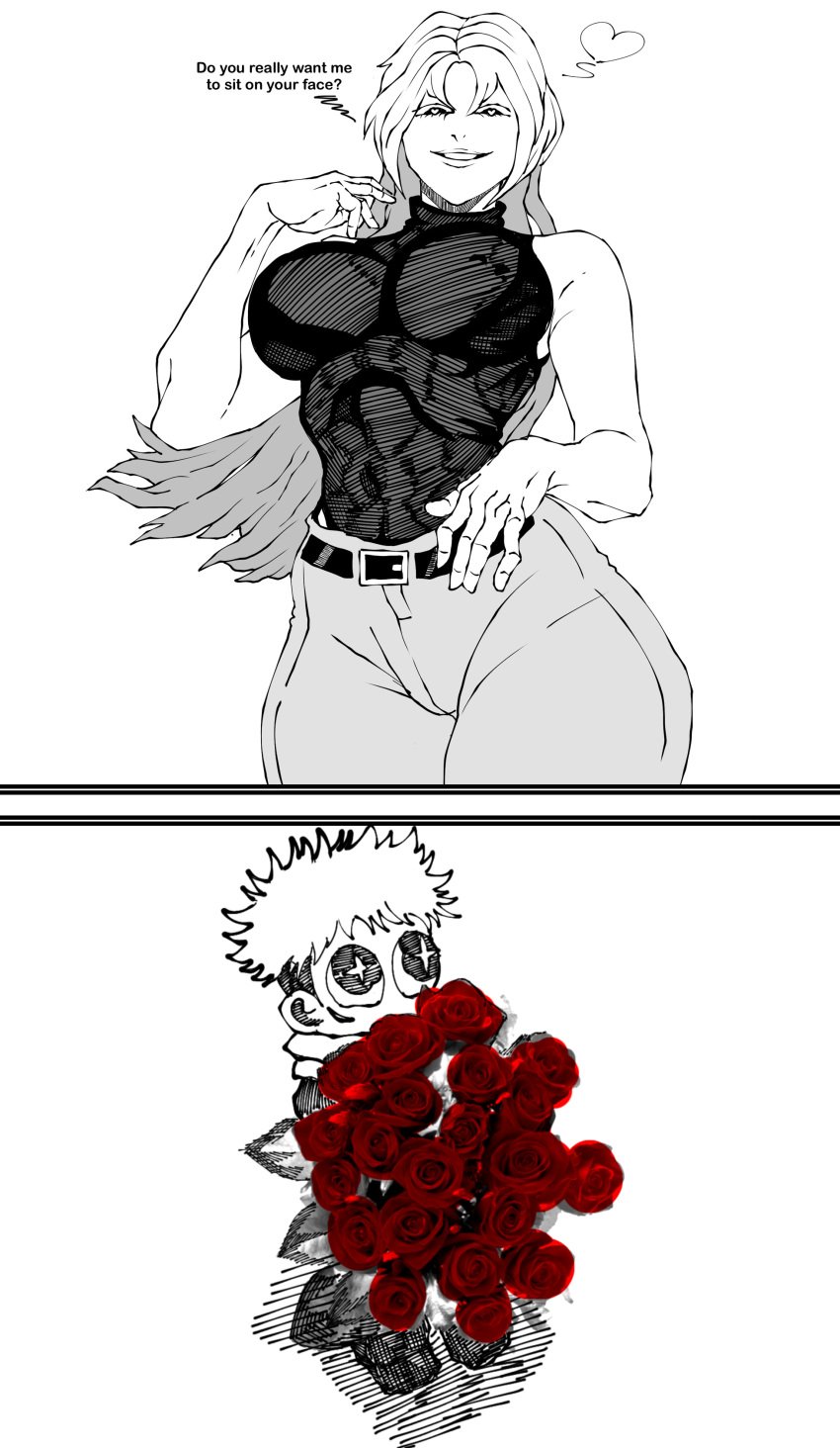 1boy 1boy1girl big_ass big_breasts bouquet flower heart heart-shaped_pupils huge_ass huge_breasts humor itadori_yuuji jeans jujutsu_kaisen melletprout milf no_penetration older_female request rose taller_female taller_girl younger_male yuki_tsukumo