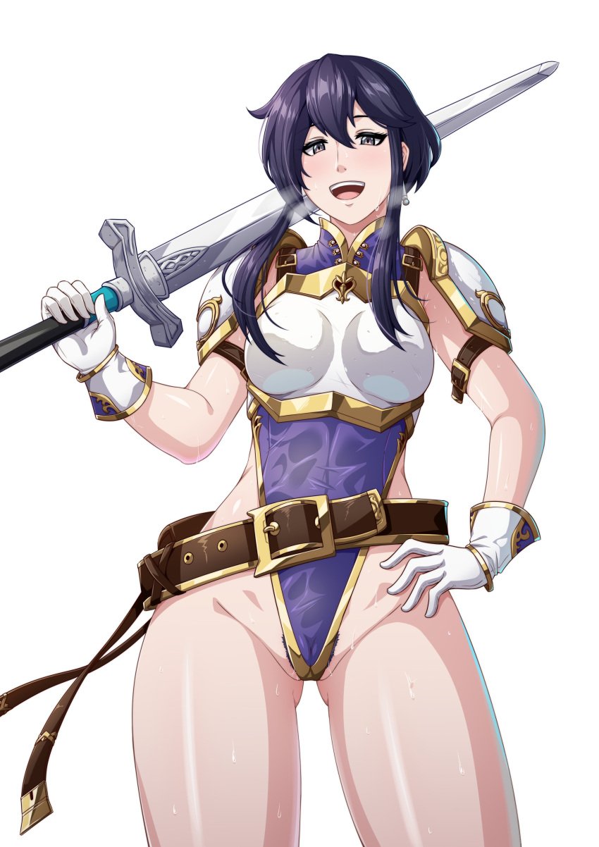 1girls absurdres adapted_costume alternate_costume armor ass_visible_through_thighs bare_thighs belt black_hair blush breastplate breasts cameltoe commission earrings female female_only female_pubic_hair fire_emblem fire_emblem:_genealogy_of_the_holy_war gloves hand_on_own_hip heavy_breathing highleg highleg_leotard highres holding holding_sword holding_weapon jewelry larcei_(fire_emblem) leotard looking_at_viewer medium_breasts nintendo open_mouth pubic_hair pubic_hair_peek purple_leotard short_hair shoulder_armor sidelocks smile solo steam sweat sword thighs tomboy weapon wet wet_clothes white_background yamanata