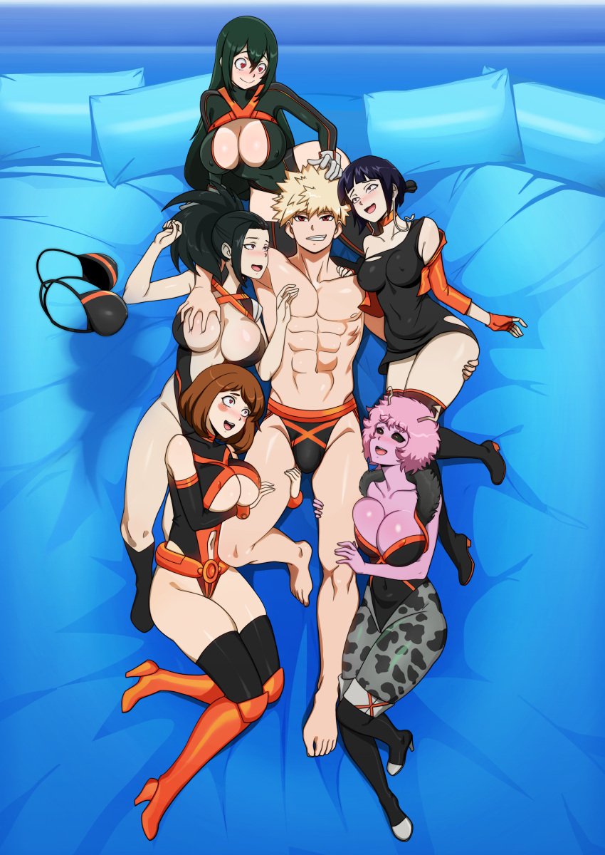 1boy 5girls abs alternate_color_scheme alternate_costume ashido_mina asui_tsuyu bakugou_katsuki barefoot bed bedroom black_eyes black_hair blonde_hair blue_hair boku_no_hero_academia brainwashed breast_grab brown_hair cleavage female femsub grabbing_another's_breast grabbing_breasts green_hair groping hagakure_tooru_(invisible) happy_trance harem heart_eyes invisible_girl jirou_kyouka jockstrap katsuki_bakugou kyoka_jiro long_hair male male/female maledom mina_ashido mind_control momo_yaoyorozu multiple_girls multiple_subs muscular_male my_hero_academia ochaco_uraraka ochako_uraraka on_back open_mouth orange_eyes pink_hair pink_skin red_eyes shinzu031 short_hair super_hero surrounded surrounded_by_women tooru_hagakure tooru_hagakure_(invisible) tsuyu_asui uraraka_ochako worship yaoyorozu_momo