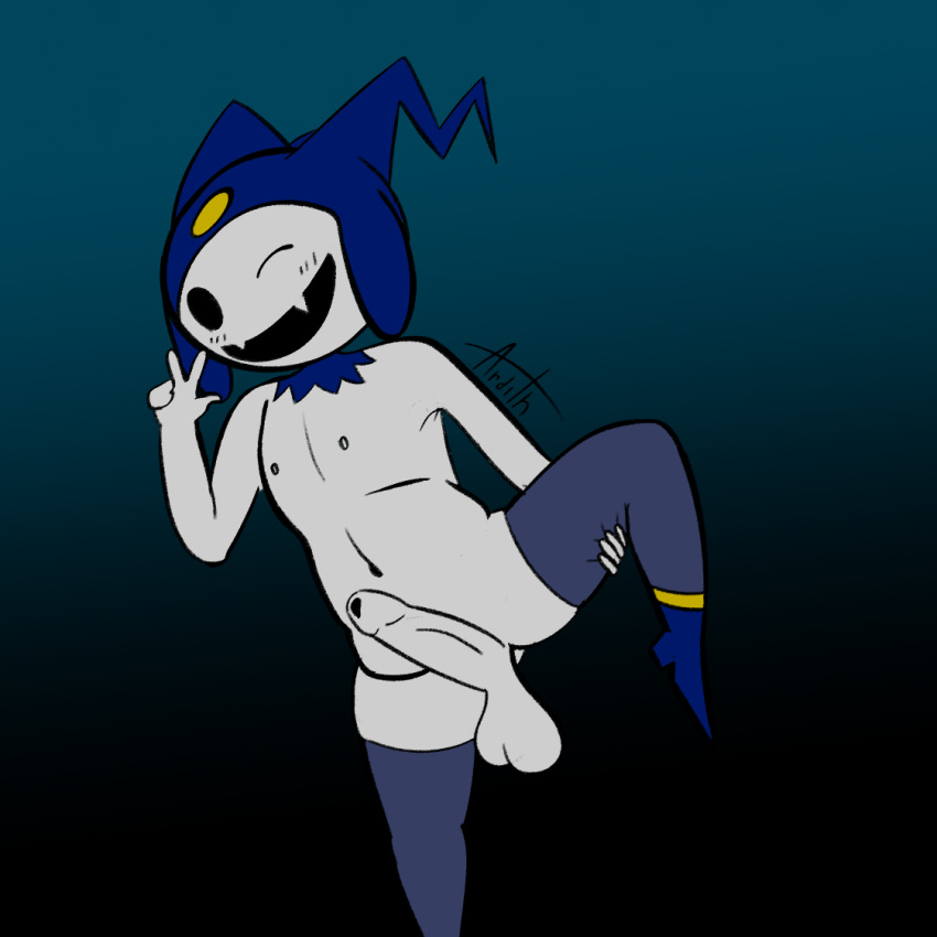 chubby holding_leg jack_frost_(megami_tensei) legwear looking_at_viewer nipples one_eye_closed one_leg_up one_male penis pointy_teeth smile tagme white_body