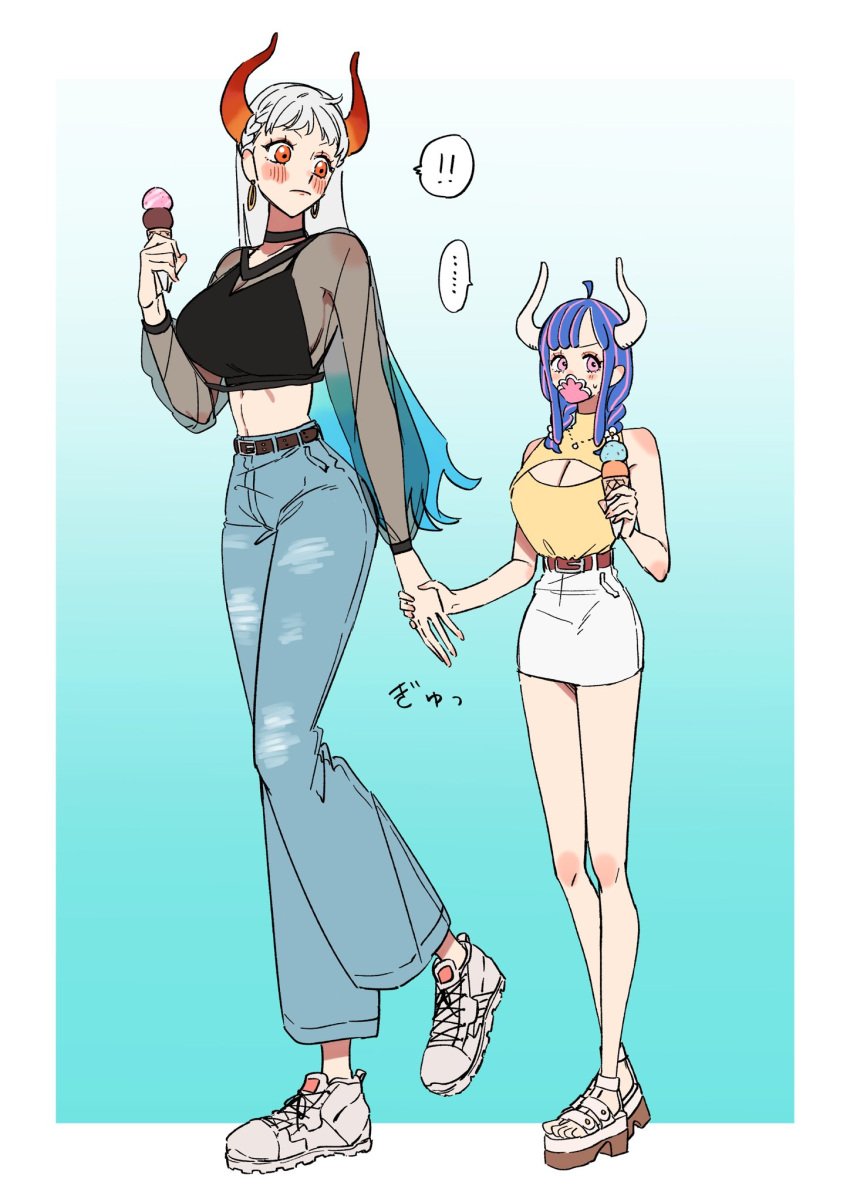 2girls bare_arms bare_legs bare_shoulders bare_thighs big_breasts blush clothed clothing color female female_focus female_only hi_res horns ice_cream large_breasts light-skinned_female light_skin long_hair mask multicolored_hair ngo_102341 one_piece orange_eyes pink_eyes shounen_jump tagme thick_thighs ulti_(one_piece) white_hair yamato_(one_piece)