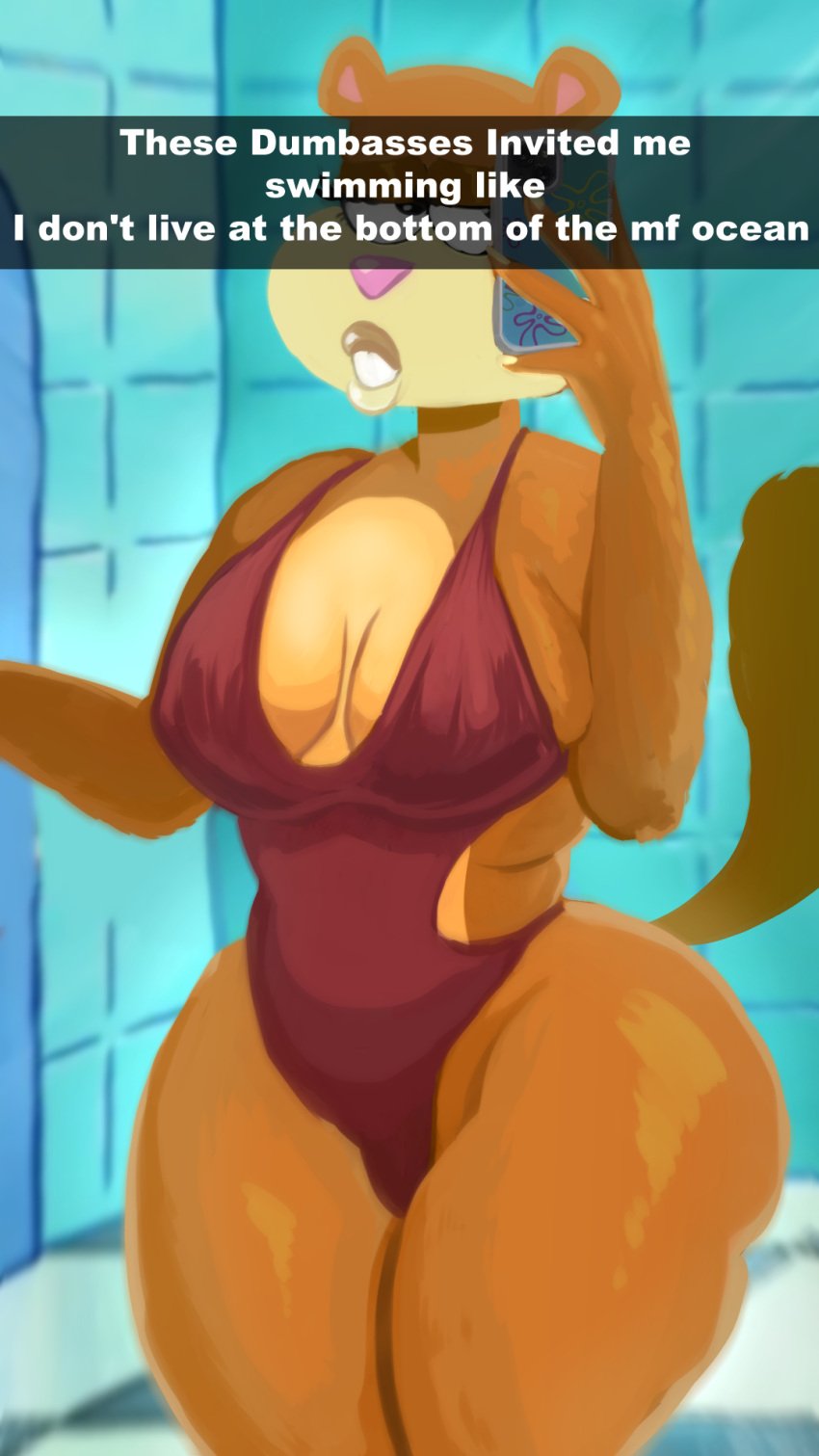 1girls anthro ass big_ass big_breasts breasts bubble_butt caption dat_ass fat_ass female female_only huge_ass indoors large_ass one-piece_swimsuit png sandy_cheeks selfie snapchat solo spongebob_squarepants squirrel swimsuit syrupglazed thick_ass thick_thighs wide_hips