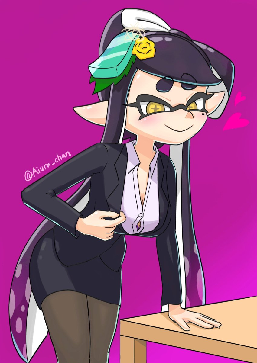 aiura_chan blush bra bra_peek button_down_shirt callie_(office_lady) callie_(splatoon) cleavage hand_on_table hearts_around_head inkling nervous_smile office_lady pulling_clothing purple_bra splatoon