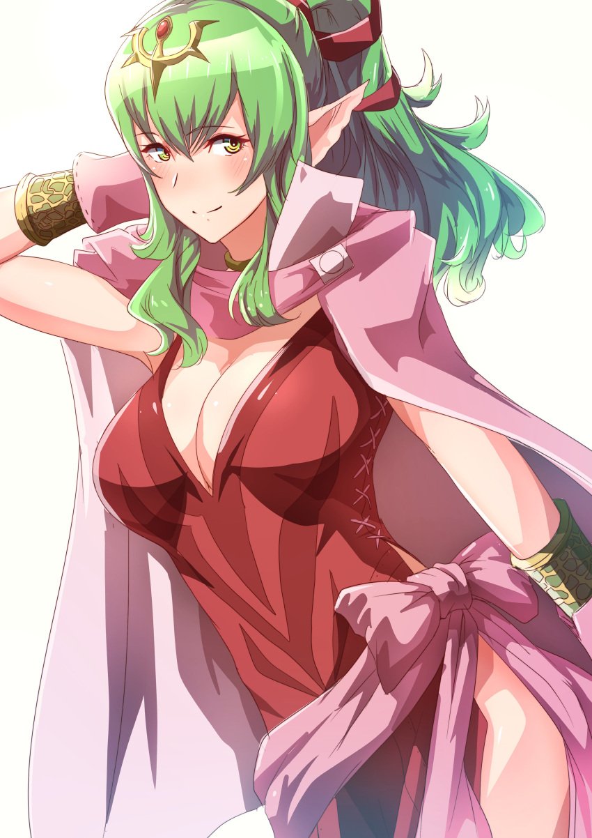 1girls absurdres blush bracelet breasts cape cleavage closed_mouth dress female female female_only fire_emblem fire_emblem_awakening green_eyes green_hair hair_between_eyes hair_ornament high_collar highres jewelry large_breasts long_hair nintendo pelvic_curtain pink_cape pointy_ears ponytail red_dress sidelocks simple_background sleeveless sleeveless_dress smile solo tiki_(adult)_(fire_emblem) tiki_(fire_emblem) to_(tototo_tk) white_background