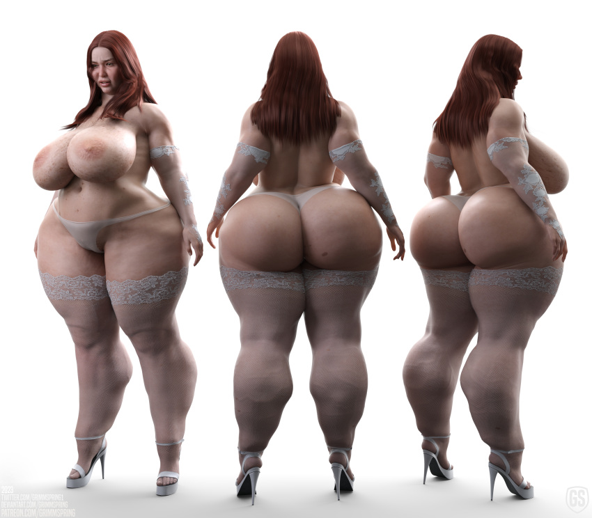 1girls 3d ass back_view big_ass big_breasts breasts fat_ass female front_view grimmspring high_heels huge_breasts nipples overweight overweight_female platform_heels red_hair solo thick_thighs thunder_thighs wide_hips