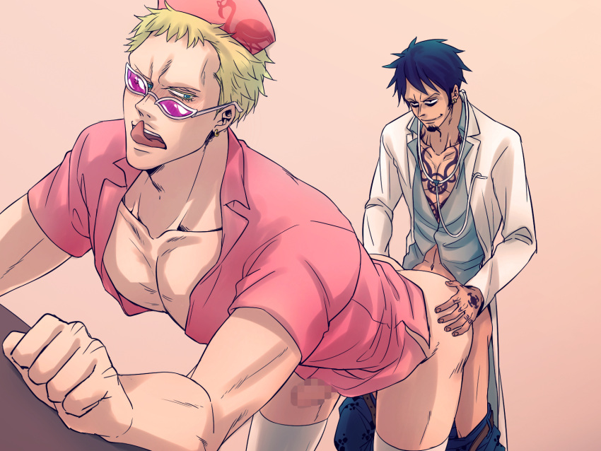 2boys bent_over black_hair blonde_hair blue_eyes blush chest_tattoo crossdressing doctor donquixote_doflamingo facial_hair from_behind gay goatee hands_on_ass height_difference implied_anal kizna labcoat looking_back looking_over_eyewear looking_over_glasses looking_over_sunglasses male male_only mosaic_censoring nurse nurse_cap nurse_uniform one_piece open_mouth pants_down penis pink-tinted_eyewear size_difference smile smirk stethoscope sunglasses tattoo tattoos thighhighs tinted_eyewear tongue_out trafalgar_law white_legwear white_thighhighs yaoi