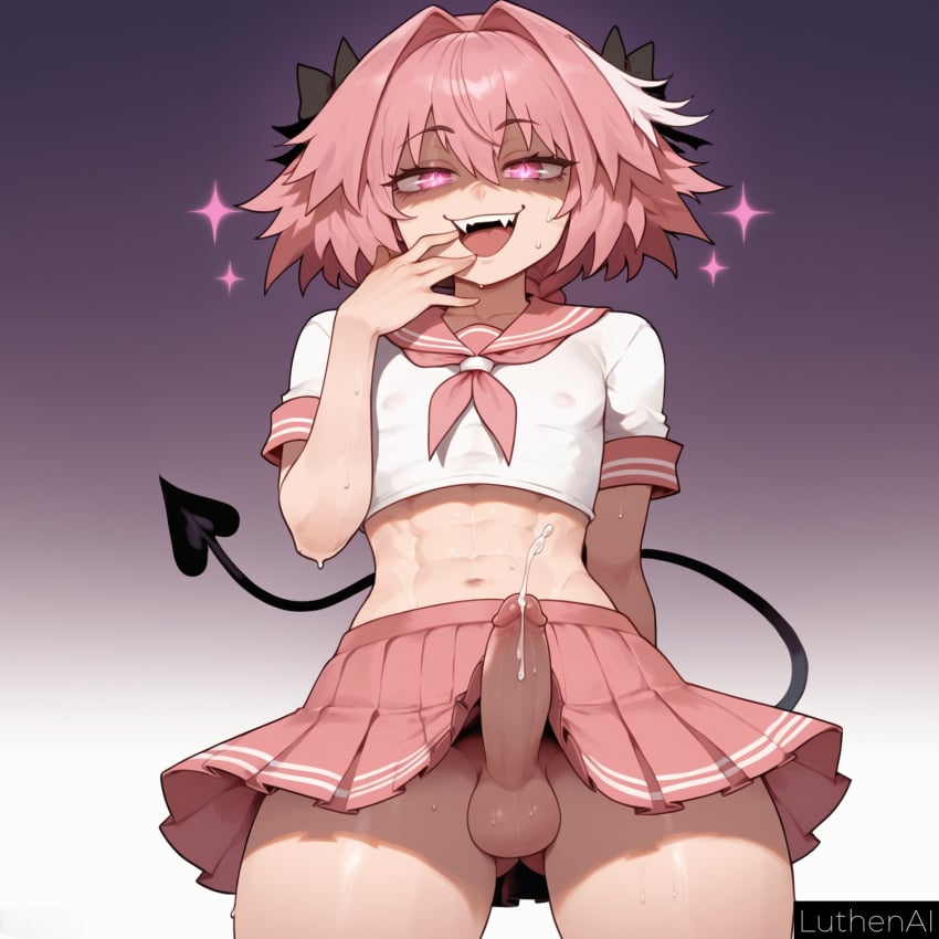 1femboy ai_generated astolfo_(fate) dominant dominant_femboy fate_(series) femboy femboy_only femboydom hand_on_mouth luthenai penis precum smug