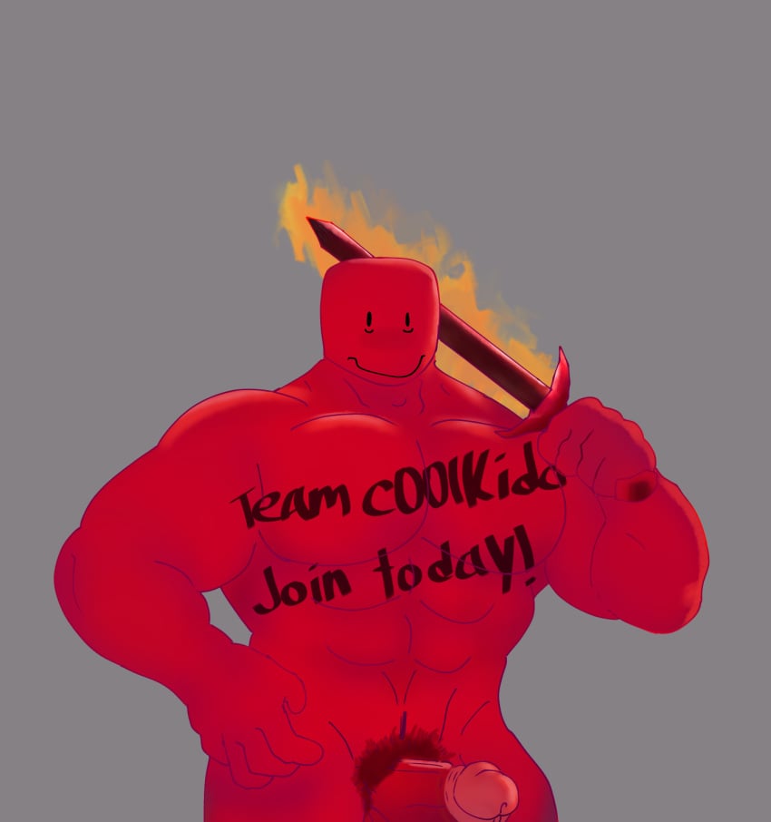 beefy c00lkidd english_text fire gay grey_background hand_on_hip holding_sword holding_weapon male male_only man.let.ermm muscular muscular_male nippleless nippleless_male no_nipples pink_tip pubes pubic_hair red_body red_penis red_pubes roblox roblox_avatar roblox_hacker robloxian sword sword_in_hand text text_on_body