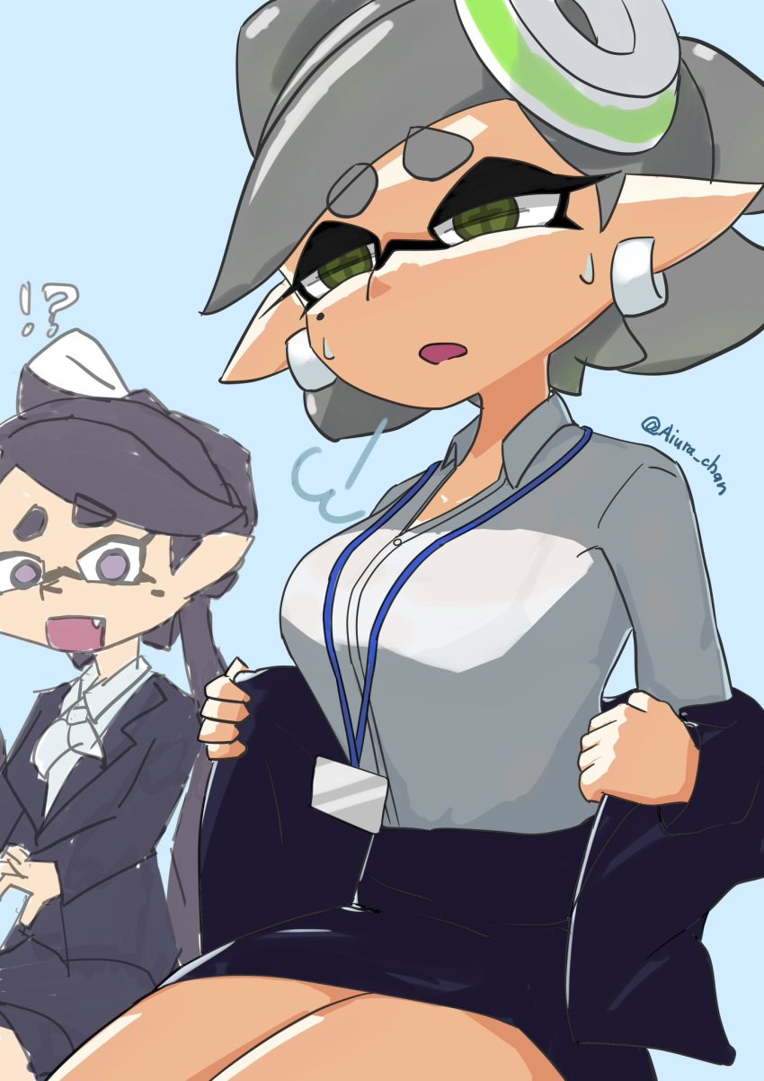 aiura_chan bra bra_visible_through_clothes callie_(office_lady) callie_(splatoon) confused_look exclamation_point marie_(splatoon) question_mark see-through splatoon suit taking_off_jacket too_hot uncomfortable_face visible_bra_through_clothes visible_breath wet_shirt