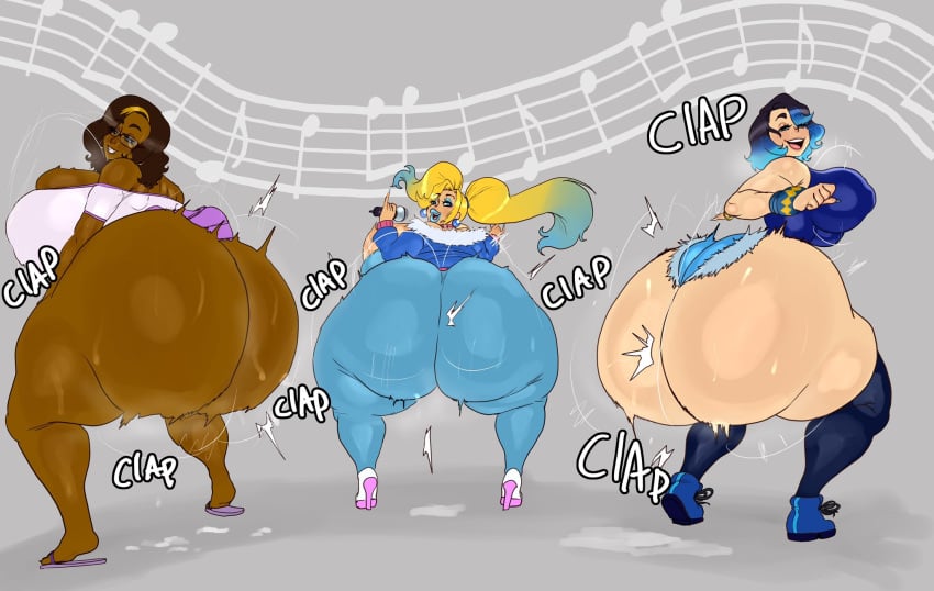 3girls andi_(space_left) ass ass_clapping big_ass bubble_butt clapping_cheeks dat_ass fat_ass female female_only flamingsanity huge_ass large_ass madhuri_(space_left) massive_ass motion_lines musk musk_clouds original space_left sweat sweaty_ass sweaty_body thick_ass thick_thighs twerking vikki_(space_left) wide_hips