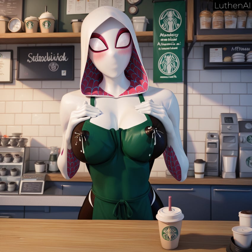 ai_generated apron big_breasts gwen_stacy hands_on_breasts lactation luthenai marvel marvel_comics spider-gwen spider-man:_into_the_spider-verse starbucks