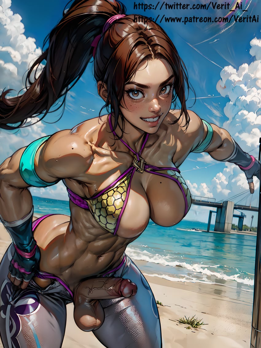 1futa action_pose ai_generated athletic athletic_futanari bare_shoulders bent_over brazilian brazilian_futa brown_eyes brown_hair christie_monteiro collarbone dickgirl futa_only futanari latina medium_breasts navel penis ponytail solo solo_futa stable_diffusion tan-skinned_futanari tan_skin tekken testicles tubetop veritai