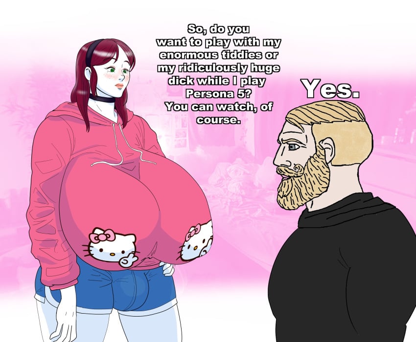 1futa breasts bulge chad_(meme) clothed clothing dialogue english_text female fully_clothed futa_focus futanari gigantic_breasts harorlood hello_kitty hello_kitty_(character) hello_kitty_(series) huge_breasts human kitty_white light-skinned_male light_skin male massive_breasts meme muscular nordic_chad sagging_breasts sanrio standing text top_heavy white_body wojak_comics