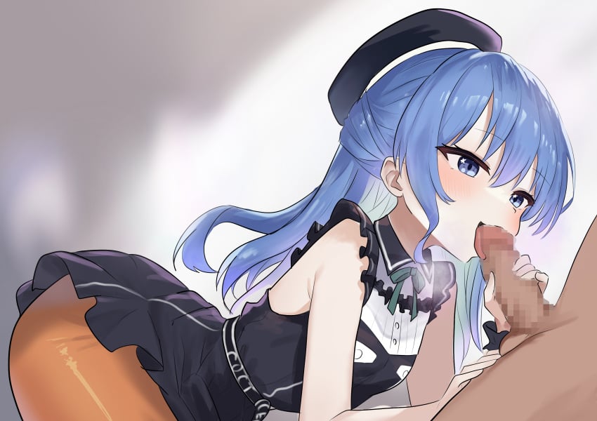 1boy ajmn7838 beret black_beret black_dress blue_eyes blue_hair breasts censored clothed_female_nude_male dark-skinned_male dress erection fellatio female hair_between_eyes hat highres hololive hoshimachi_suisei hoshimachi_suisei_(casual) licking licking_penis long_hair mosaic_censoring nude official_alternate_costume official_alternate_hair_length official_alternate_hairstyle open_mouth oral orange_pantyhose pantyhose penis ribbon small_breasts solo solo_focus star_(symbol) star_in_eye straight symbol_in_eye tongue tongue_out virtual_youtuber