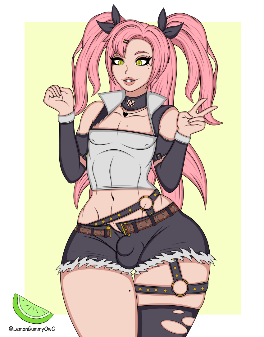 1futa bulge clothed clothing fur-trimmed_shorts futanari gay genderswap genderswap_(ftm) lemongummyowo midriff mole_on_thigh mole_under_eye navel nicole_demara pink_hair seductive standing thick_thighs thighs zenless_zone_zero