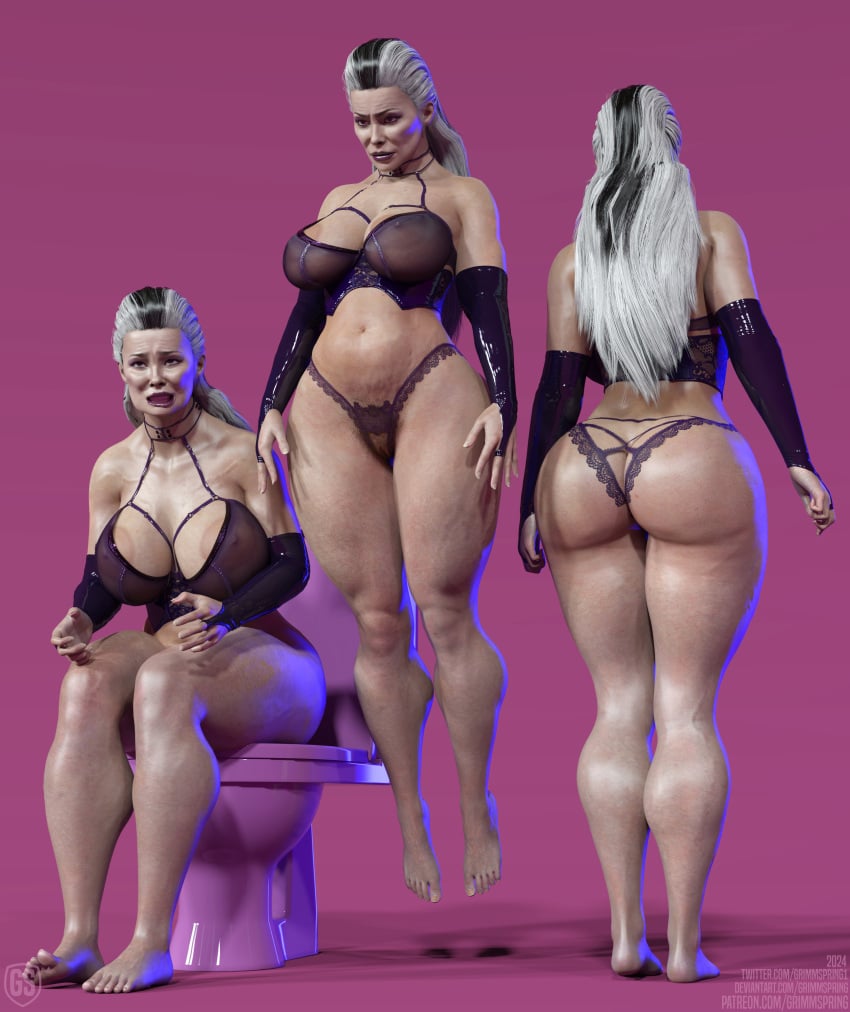 1girls 3d areola_slip areolae ass back_view big_ass big_breasts breasts crotchless_panties female front_view grimmspring implied_scat mature_female milf mortal_kombat mortal_kombat_1_(2023) mother on_toilet panties pussy sindel sitting solo toilet white_hair