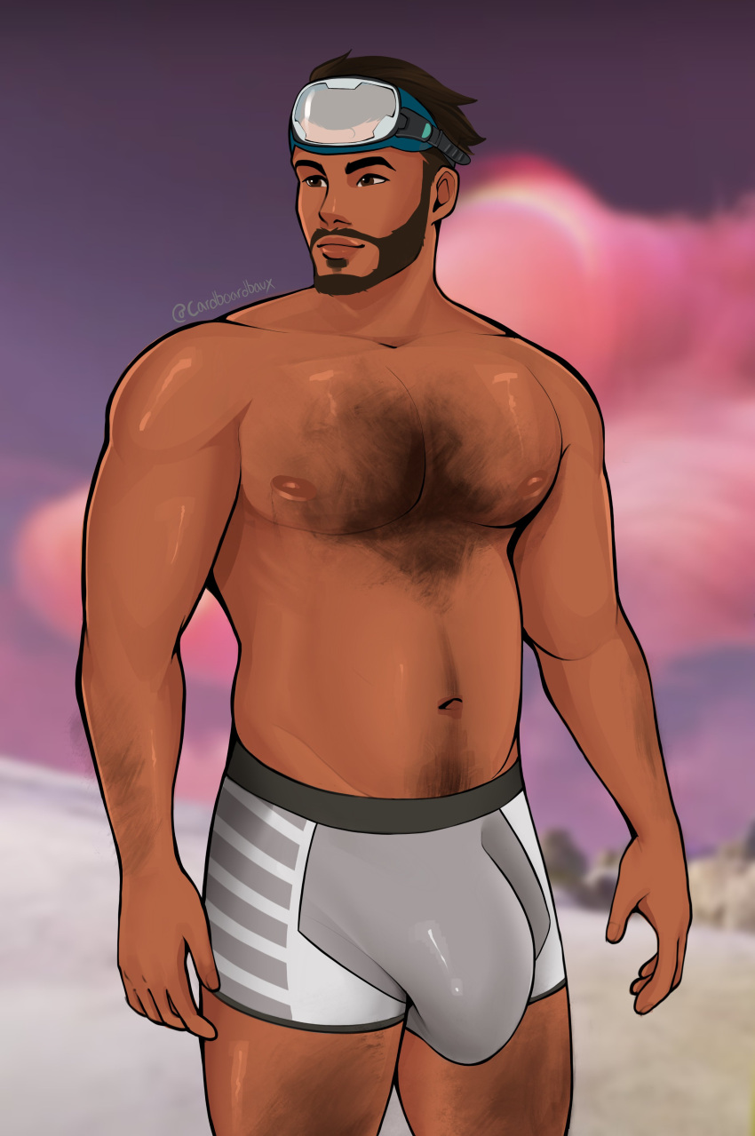 apex_legends bara beard big_bulge body_hair brown_eyes brown_hair bulge cardboardbaux gay goggles goggles_on_head male_only mirage_(apex_legends) nipples partially_clothed respawn_entertainment solo solo_male swimsuit tagme yaoi