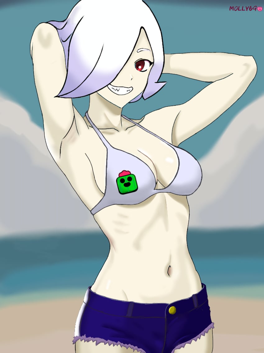 1girls armpits beach bikini bikini_top brawl_stars colette_(brawl_stars) female female_focus female_only hair_over_one_eye hands_behind_head highres ibispaintx medium_breasts molly69 outside pale-skinned_female pale_skin red_eyes sharp_teeth short_hair shorts swimsuit white_hair