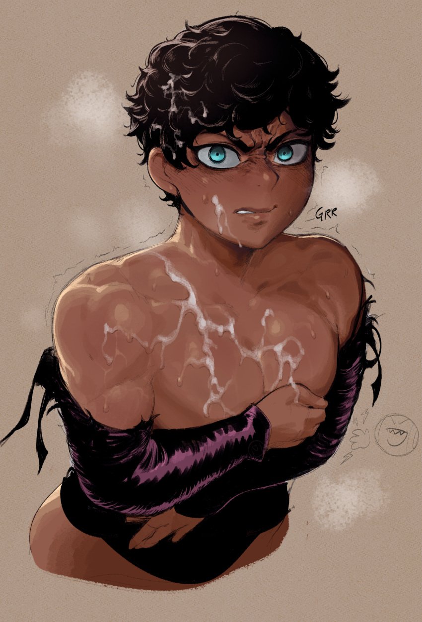 1boy angry angry_face athletic black_hair blue_eyes covered_nipples covering curly_hair dark-skinned_femboy dark-skinned_male dark_hair dark_skin delicious_in_dungeon dungeon_meshi femboy human kabru krekk0v looking_at_viewer male male_only muscular ripped_clothing solo solo_focus solo_male sweat sweatdrop sweating tagme toned toned_male torn_clothing trap