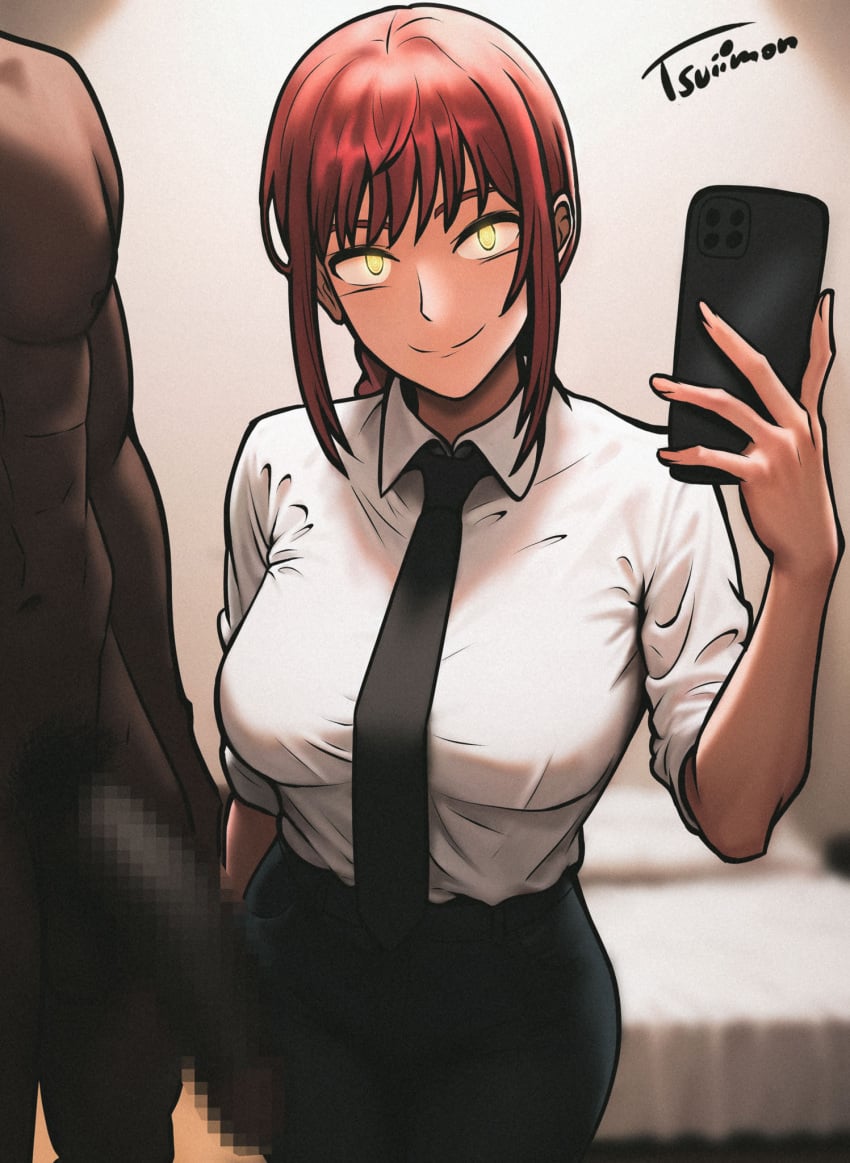 1boy 1girls before_sex black_penis censored chainsaw_man clothed dark-skinned_male dark_skin interracial makima_(chainsaw_man) penis red_hair selfie smile tsuiimon yellow_eyes