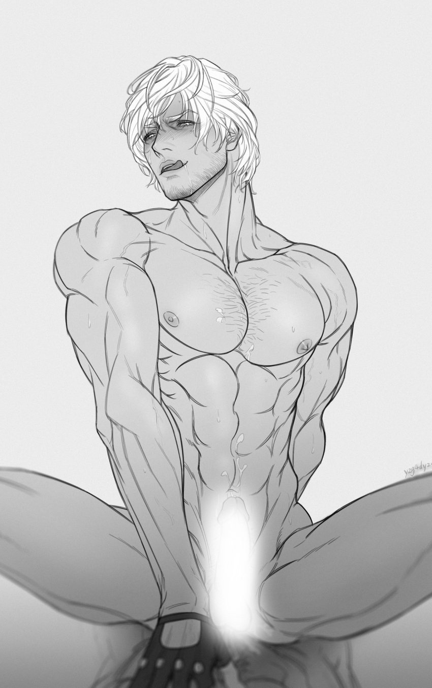 1boy bara bishonen cowboy_position dante dante_(devil_may_cry) devil_may_cry devil_may_cry_4 facial_hair hairy_chest handsome handsome_man muscular muscular_male penis white_hair