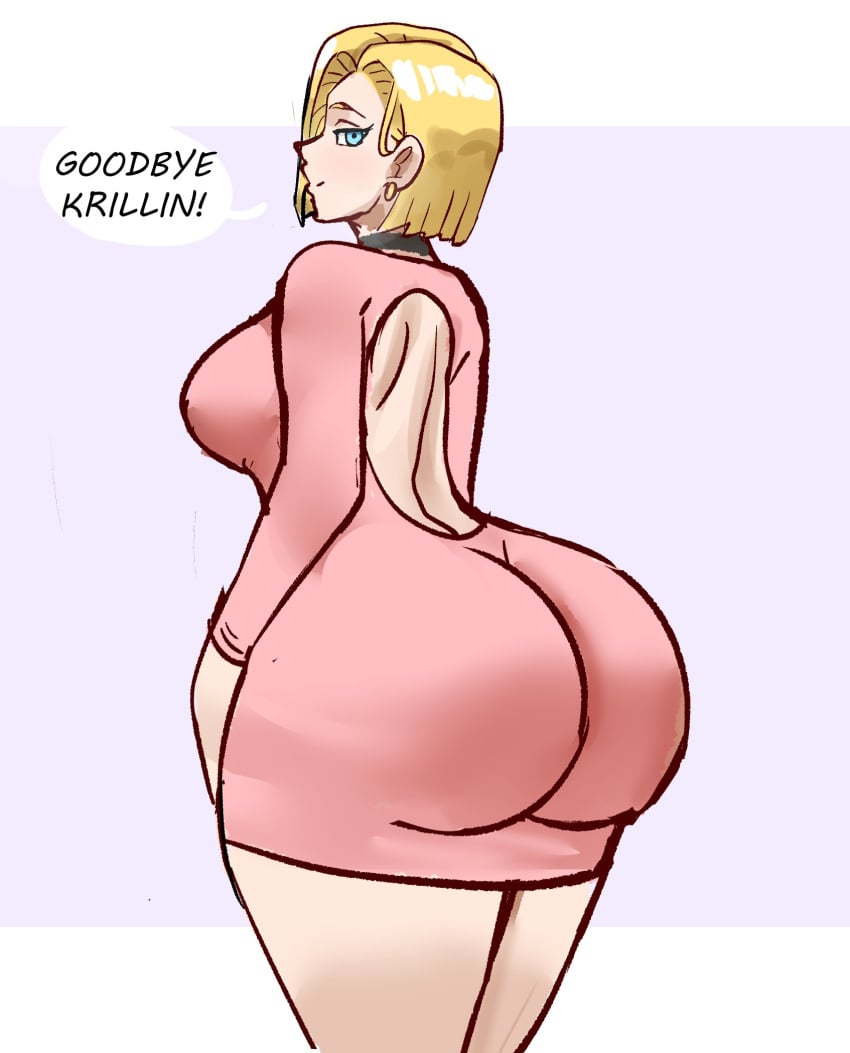 ! 1girl android android_18 android_girl ass ass_focus back back_view big_ass big_breasts black_choker blackedpawg18 blonde_female blonde_hair blonde_hair_female choker dat_ass dragon_ball dragon_ball_super dragon_ball_z dress dress_inside_ass dress_only earring earrings english english_text eyelashes fat_ass female female_focus female_only gold_earring gold_earrings huge_ass husband husband_and_wife krillin kuririn large_ass looking_at_viewer looking_back looking_back_at_viewer male_pov medium_hair milf mother pink_dress pov pov_male purple_background short_dress sideboob smile speech_bubble text text_bubble thick thick_ass thick_thighs unseen_male unseen_male_face white_background wife