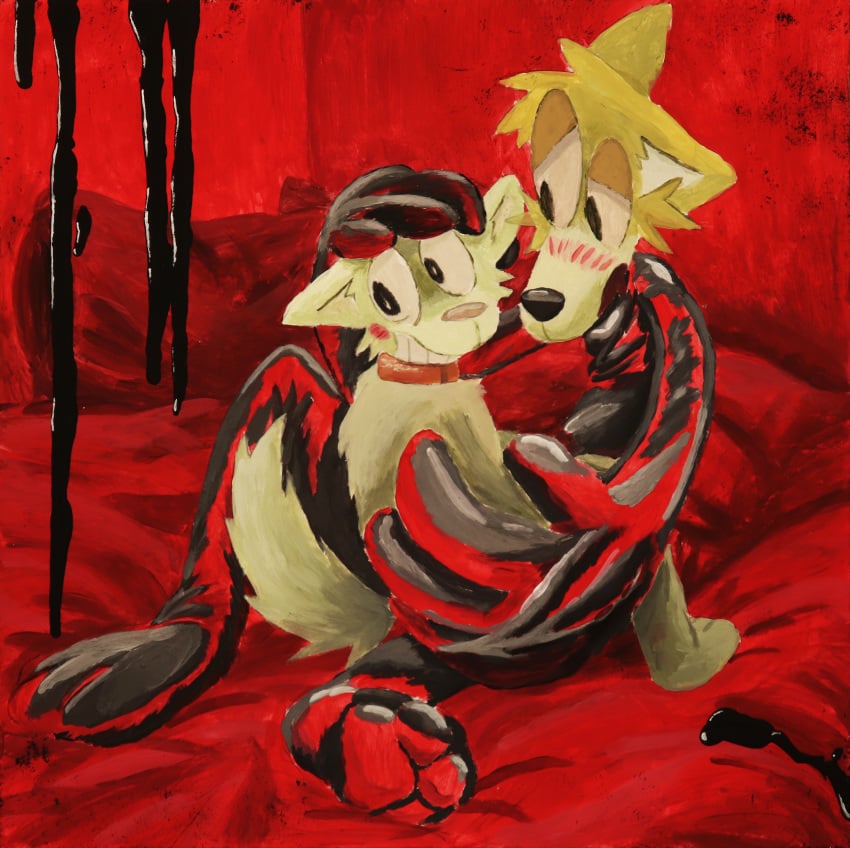 absurd_res acrylic_painting_(artwork) ambiguous_gender anthro bed blush blush_lines bunnymutt canid canine canis clothing collar domestic_dog duo fur furniture hi_res latex latex_clothing liquid_latex male male/male mammal on_lap painting pillow red_background simple_background sitting_on_lap white_body white_fur yellow_body yellow_fur