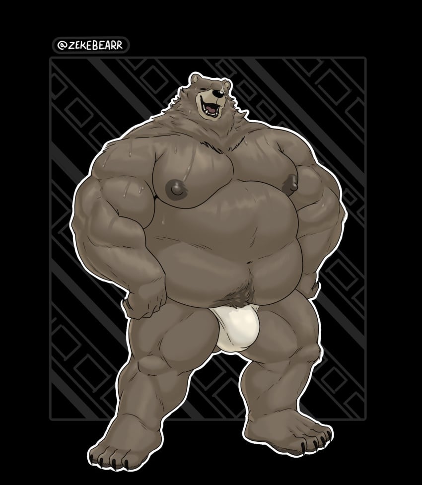 2024 anthro bear belly ben_bigger biceps black_background brown_body brown_fur bulge closed_eyes clothing eye_scar facial_scar fur hi_res male male_only mammal mihoyo moobs musclegut muscular nipples overweight overweight_male scar signature simple_background smile solo solo_male swear underwear white_clothing white_underwear zekebearr zenless_zone_zero