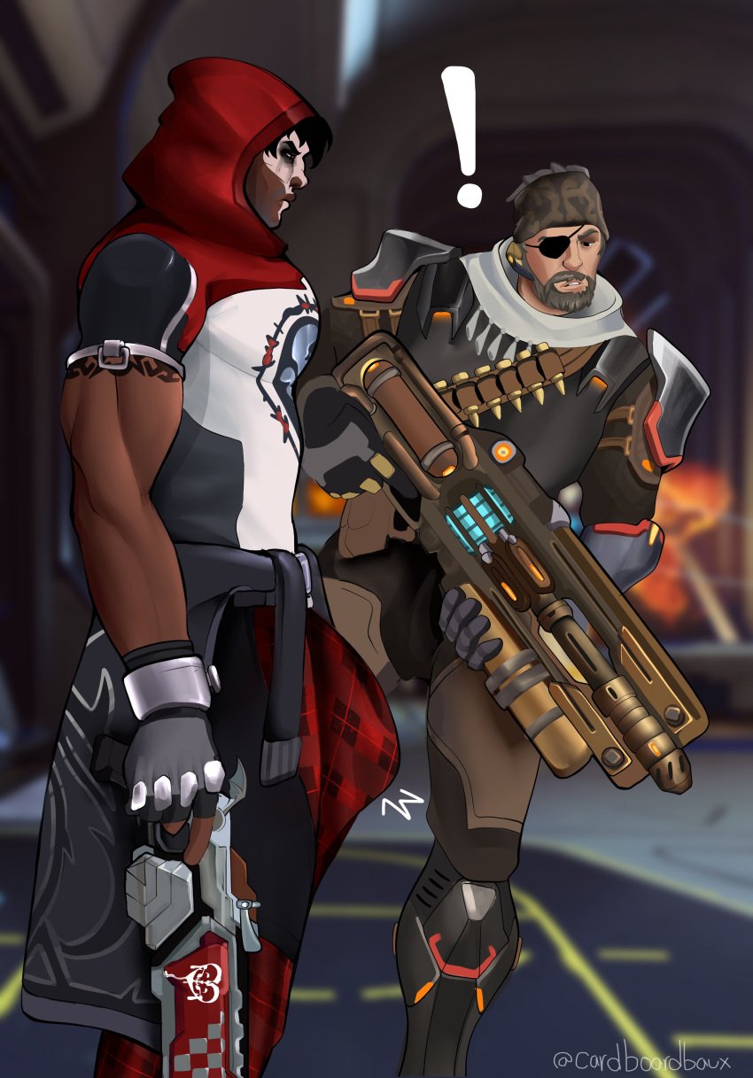 2boys bara beard big_bulge big_penis blizzard_entertainment brown_eyes brown_hair bulge cardboardbaux exclamation_point fully_clothed gay grey_hair heartbreaker_reaper indoors looking_at_bulge looking_at_partner looking_at_penis looking_down male male/male male_only overwatch overwatch_2 penis reaper shocked soldier_76 tagme yaoi