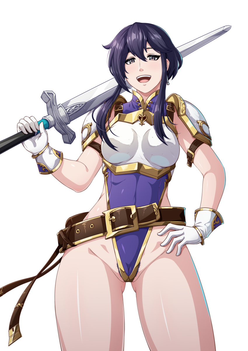 1girls absurdres adapted_costume alternate_costume armor ass_visible_through_thighs bare_thighs belt black_hair breastplate breasts cameltoe commission earrings female female female_only female_pubic_hair fire_emblem fire_emblem:_genealogy_of_the_holy_war gloves hand_on_own_hip highleg highleg_leotard highres holding holding_sword holding_weapon jewelry larcei_(fire_emblem) leotard looking_at_viewer medium_breasts nintendo open_mouth pubic_hair pubic_hair_peek purple_leotard short_hair shoulder_armor sidelocks smile solo sword thighs tomboy weapon white_background yamanata