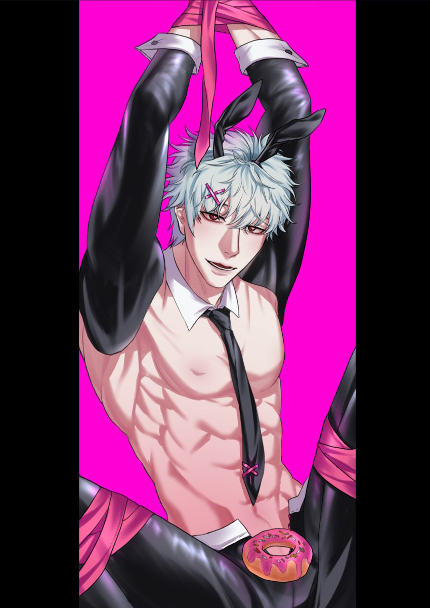 alternate_costume arms_up bondage bunny_boy bunny_ears detached_collar donut gintama gintoki_sakata heart-shaped_pupils looking_at_viewer male male_only muscular muscular_male necktie nipples oobaii open_pants pale-skinned_male pale_skin pecs pink_background rabbit_hole_(vocaloid) red_eyes restrained reverse_bunnysuit ribbon ribbon_bondage smile solo white_hair