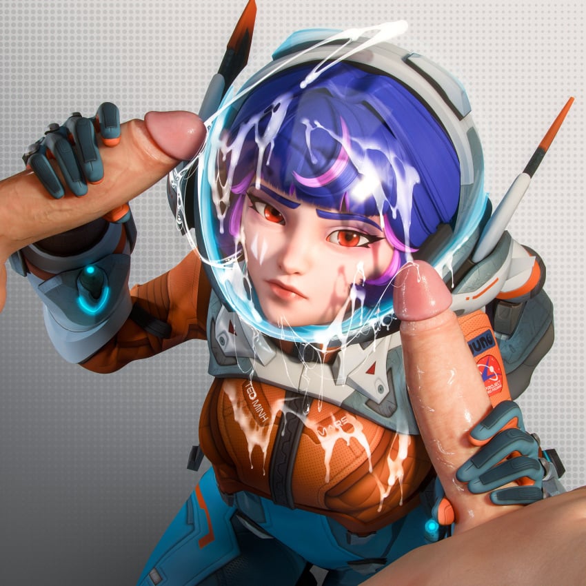 3d 3d_(artwork) 3d_model ass astronaut breasts cum cum_on_face cum_on_helmet double_handjob eclair_stones eclairstones female gloved_handjob gloves hair handjob juno_(overwatch) looking_at_viewer looking_up looking_up_at_viewer male male_focus penis purple_hair