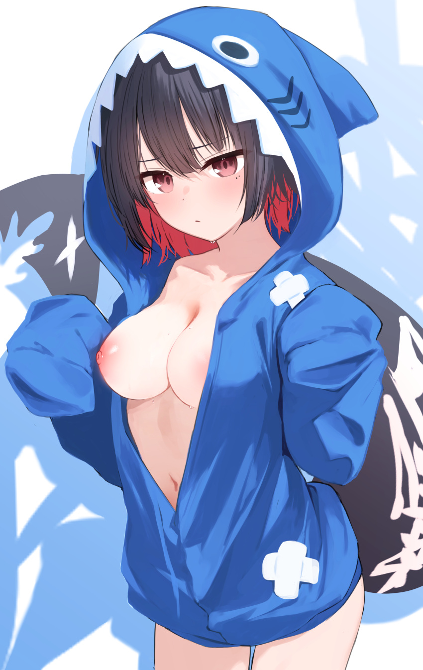 blush dot_mouth ellen_joe embarrassed hoodie medium_breasts nipples shark_girl shark_hoodie shark_tail sleeves_past_wrists worried zenless_zone_zero