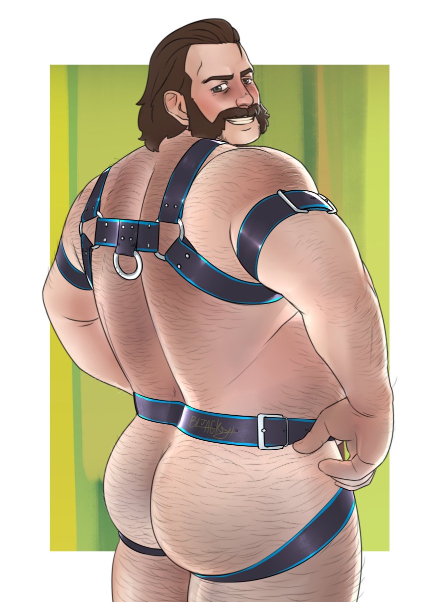 ass bara body_hair disco_elysium facial_hair getonjbart harness harrier_du_bois male male_only muscles muscular solo solo_male