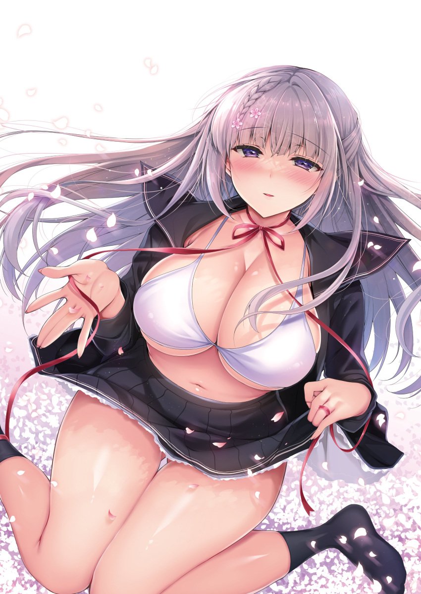 absurdres black_sailor_collar black_serafuku black_shirt black_skirt black_socks blush bra braid breasts cleavage collarbone commentary female flower gluteal_fold grey_hair hair_flower hair_ornament highres large_breasts long_hair long_sleeves looking_at_viewer navel ninoko open_clothes open_shirt original petals purple_eyes red_ribbon ribbon sailor_collar sakurase_shino_(ninoko) school_uniform serafuku shirt sidelocks sitting skirt smile socks solo symbol-only_commentary thighs underwear wariza white_background white_bra