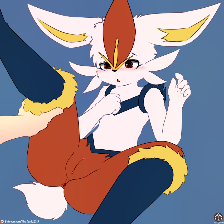 absurd_res anthro blush cinderace duo female generation_8_pokemon genitals hi_res human lying male male/female mammal nintendo open_mouth pokemon pokemon_(species) pussy raised_leg senz tail