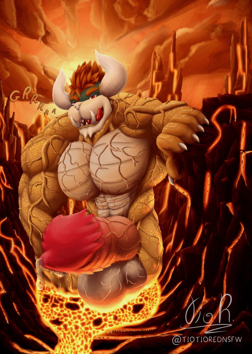 1boy 2024 abs absurd_res anthro balls biceps big_horn biped bodily_fluids bowser claws clip_studio_paint_(artwork) cloud colored detailed detailed_background dialogue digital_drawing_(artwork) digital_media_(artwork) dripping english_text erection genital_fluids genitals giga_bowser glazed_ai green_body hair hi_res horn knot knotted_penis koopa lava leaking_precum light looking_at_viewer male manly mario_(series) mountain muscular muscular_anthro muscular_male nintendo nude onomatopoeia open_mouth orange_body orange_hair orange_sky outside pecs penis precum precum_drip red_eyes red_hair reptile saliva scalie shaded signature sky smile solo sound_effects spiked_penis spikes spikes_(anatomy) sunlight super_smash_bros. teeth text tiotiored tongue tongue_out turtle vein veiny_abs veiny_arms veiny_balls veiny_muscles veiny_pecs veiny_penis watermark white_body