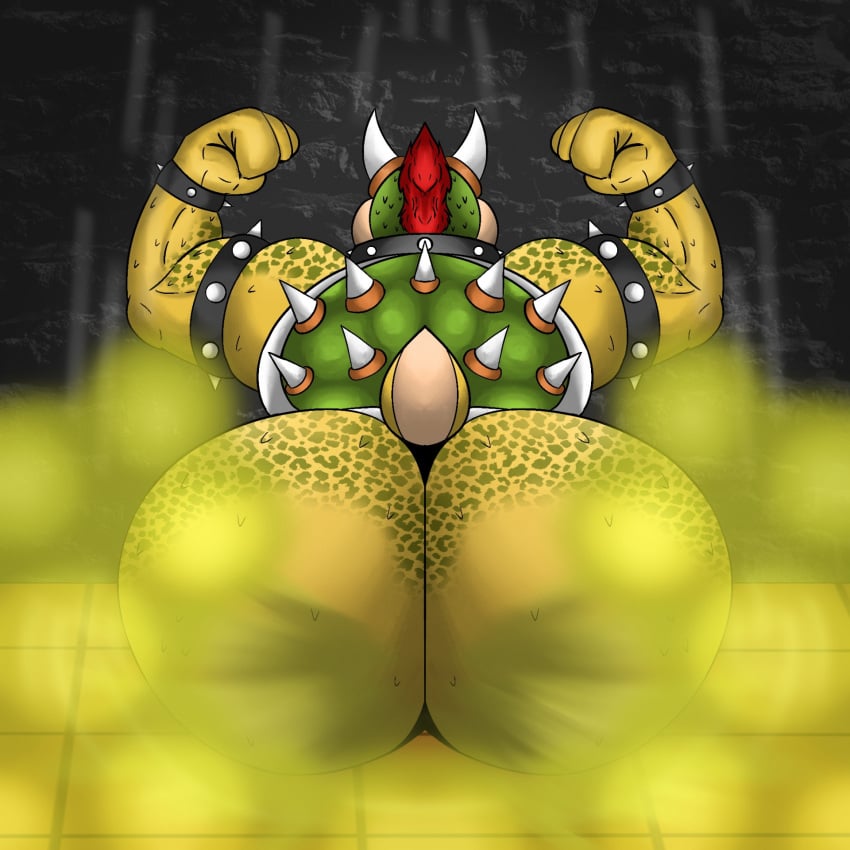 anthro ass biceps big_butt bodily_fluids bowser fart fart_cloud farting_at_viewer gassy hi_res koopa male manly mario_(series) muscular muscular_male musk nintendo presenting presenting_hindquarters scalie smelly solo sunflower_fox sweat