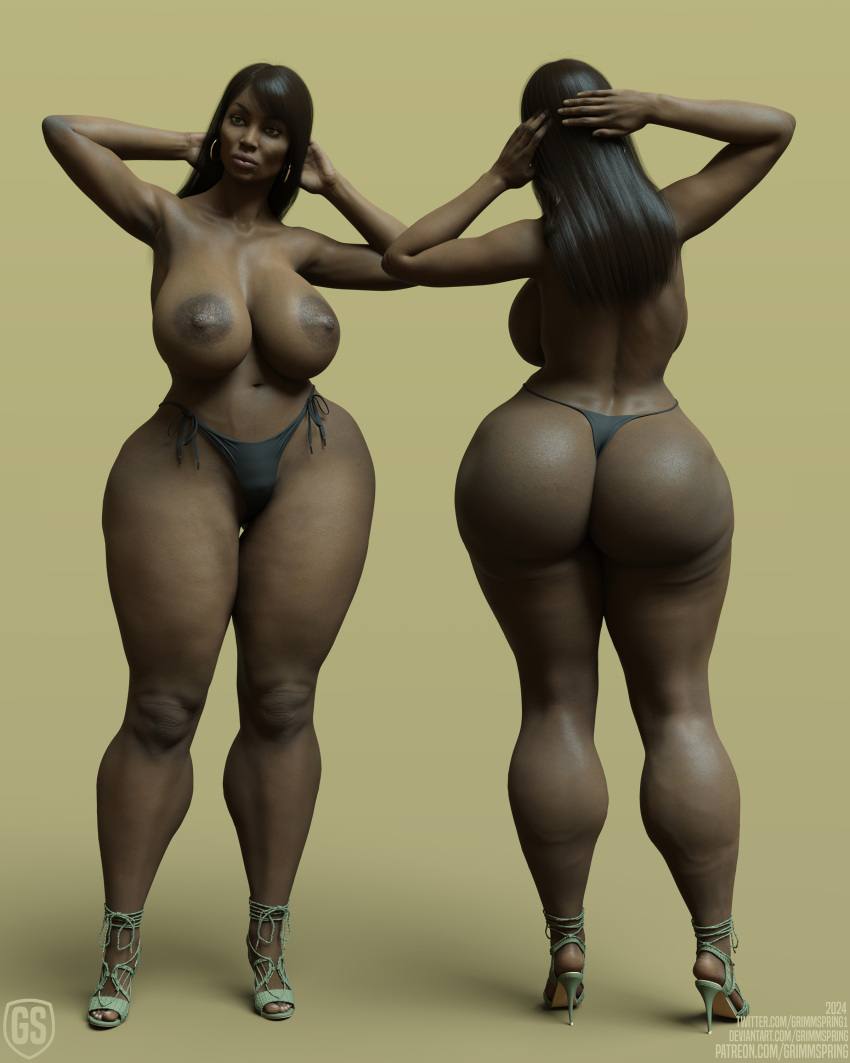 1girls 3d ass back_view big_ass big_breasts bikini_bottom breasts dark-skinned_female dark_skin earrings female front_view grimmspring high_heels nipples solo thong