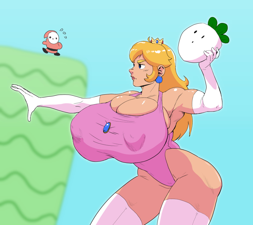 1girls breasts female harorlood huge_breasts leotard mario_(series) nipple_bulge princess_peach shy_guy super_mario_bros._2 thick_thighs thighs