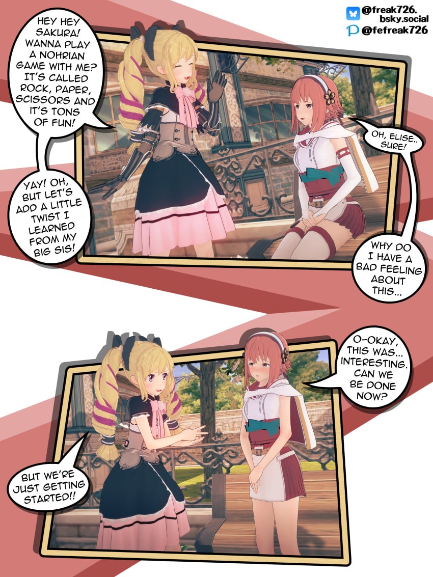 2girls bangs bare_arms bare_thighs bench bent_over blonde_hair blush breasts capelet closed_eyes comic dress elbow_gloves elise_(fire_emblem) english_text exhibitionism fefreak726 female female_only femsub fire_emblem fire_emblem_fates gloves hairband hairbow hoodie humiliation long_hair medium_breasts multicolored_hair multiple_girls nintendo open_mouth outdoors own_hands_together pink_eyes public red_eyes red_hair rock_paper_scissors sakura_(fire_emblem) short_hair short_sleeves sitting small_breasts smile standing strip_game text thighs undressing window yellow_hair yuri