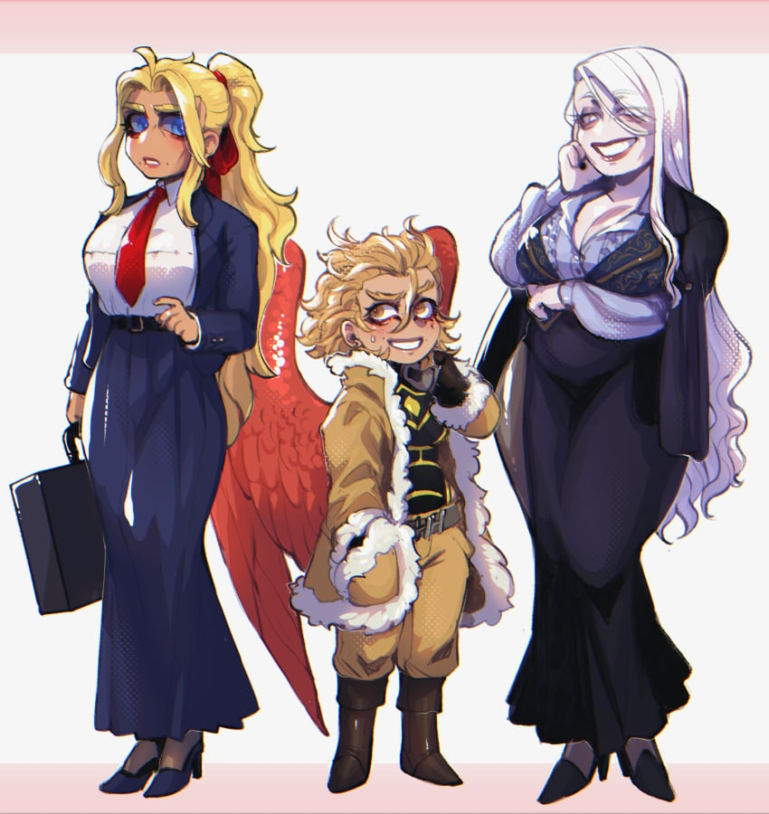 3girls all_for_one all_might blackberrehart blonde blonde_female blonde_hair blonde_hair_female blue_eyes business_suit cleavage clothed clothed_female female_only genderbend genderswap genderswap_(mtf) hawks_(my_hero_academia) keigo_takami long_hair multiple_females multiple_girls my_hero_academia older older_female older_female_younger_female rule_63 short_hair suit suit_and_tie tie toshinori_yagi white_hair wings