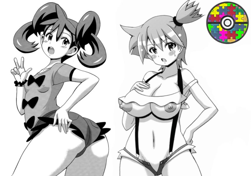 2girls alternate_breast_size ass female female_only haguruman human kasumi_(pokemon) koutarosu monochrome multiple_girls pokeaspie pokeharlot pokemon shauna_(pokemon) tomboy waifu