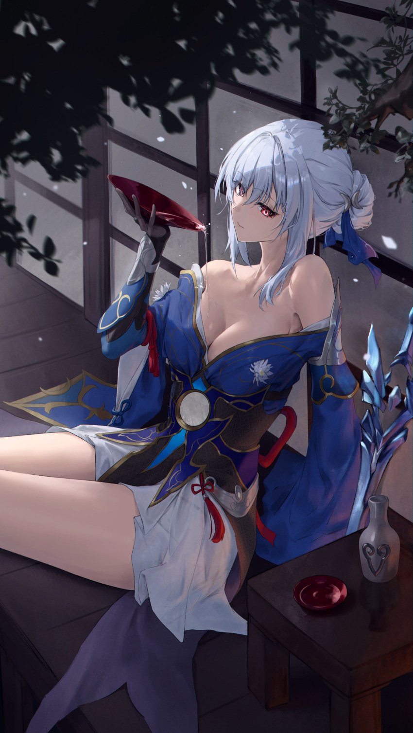 blue_ribbon chinese_clothes honkai:_star_rail jingliu_(honkai:_star_rail) medium_breasts red_eyes sake_cup white_hair