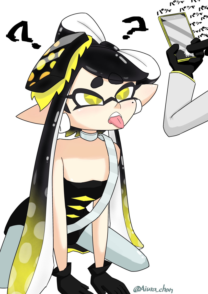 1girls ? ahe_gao ahegao_face aiura_chan blush callie_(alterna) callie_(splatoon) confused confusion looking_at_phone oblivious splatoon splatoon_3:_return_of_the_mammalians taking_picture tricked